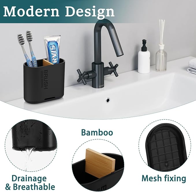 Bamboo Toothbrush Holder for Bathrooms Toothpaste Organizer, Small, Black | 2 Slots, Easy to Clean, Plastic, Kids Electric Toothbrush, Drainage, Removable, For Bathroom, Vanity, Kitchen Sink, Office - Image 3