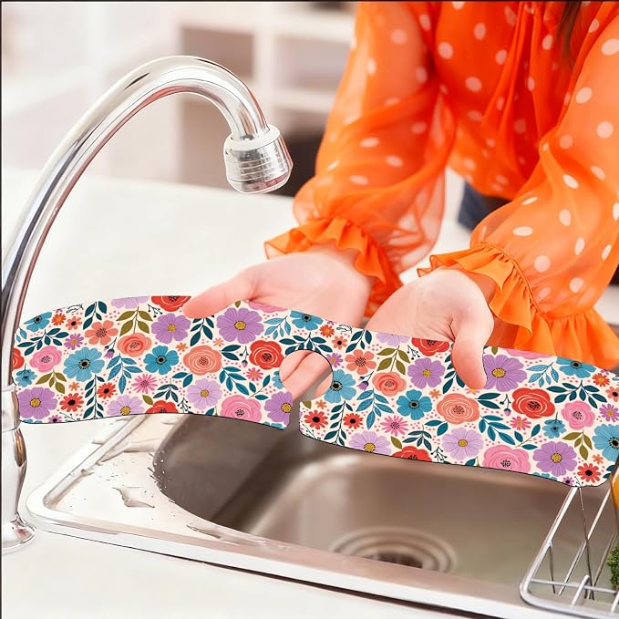 2 Pcs Kitchen Sink Splash Guard Faucet Mat Colorful Spring Flowers Faucet Mat for Sinks Absorbing Drying Mat for Kitchen Bathroom, 23.6x5.5inch - Image 6