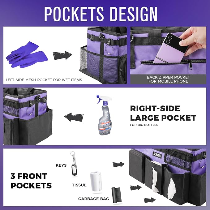SCAVATA Wearable Cleaning Caddy Bag, Cleaning Caddy Supplies Organizer with Handle & Shoulder Straps for Housekeepers, Under Sink & Car Cleaning Tool Organizers with 4 Foldable Divider (Purple) - Image 2