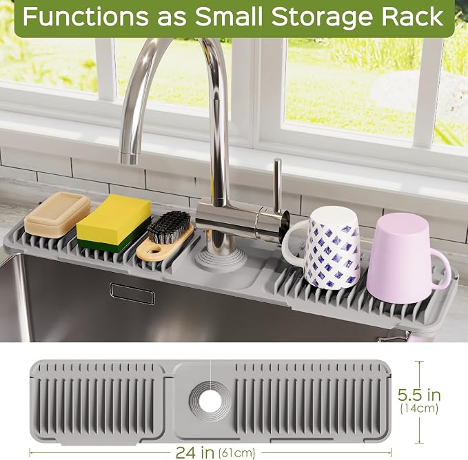 24 Inch Silicone Faucet Mat for Kitchen Sink Splash Guard – 2025 Upgraded Draining Mat with Water Tray Behind Faucet – Countertop Protectors to Catch Spills (Gray, 24" x 5.5" ) - Image 5
