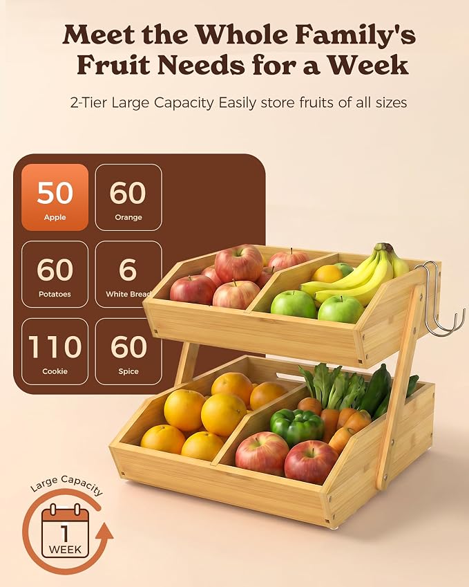 2-Tier Bamboo Fruit Basket with 2 Banana Holders | Large tiered organizer for bread, snacks, veggies. Sturdy bamboo, includes mats & dividers. Easy to assemble. - Image 8