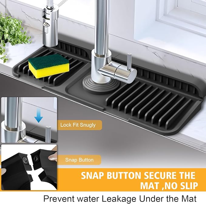 14.6-Inch Kitchen Sink Splash Guard Mat | 7° Slope for Fast Self-Draining | Snap-Lock Design | Universal & Cuttable Silicone Faucet Mat BLACK - Image 2