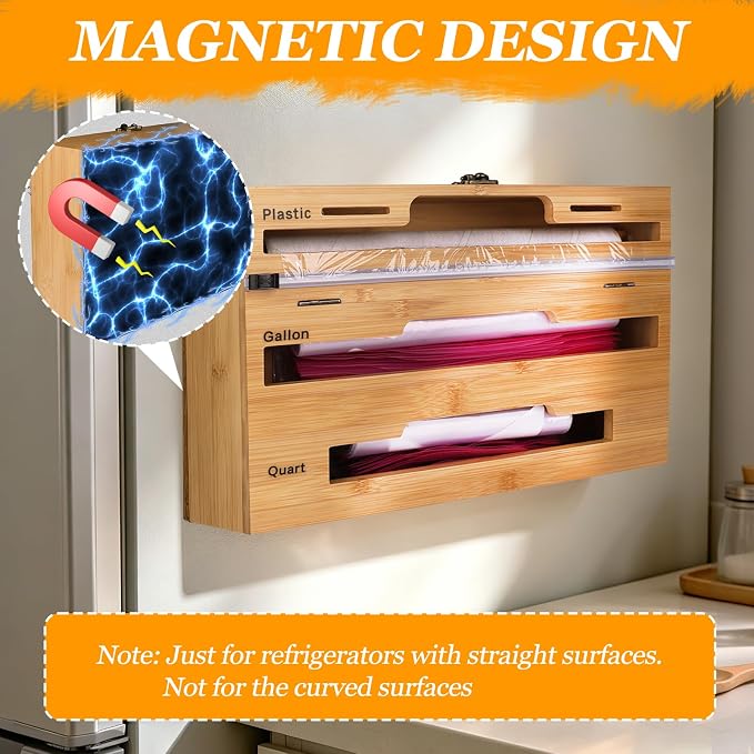 Allinside Magnetic Kitchen Bag Organizer and Plastic Wrap Dispenser with Slide Cutter, 3-in-1 Bamboo Kitchen Foil Storage Holder Compatible with Gallon, Quart, Sandwich Snack Bags - Image 2