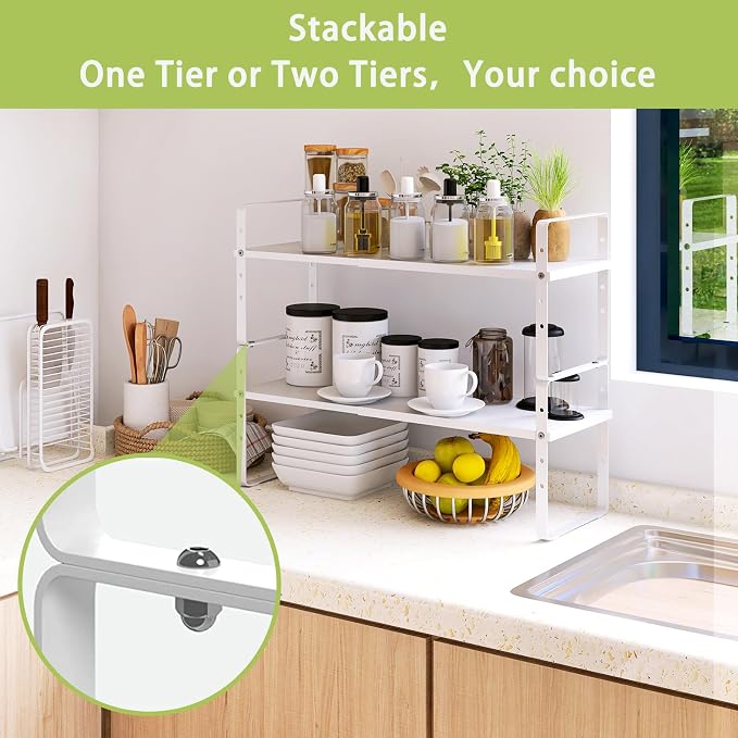Across-Star Expandable Cabinet Shelf Organizer Rack, Stackable Kitchen Counter Storage Shelves Stand, Adjustable Height Pantry Shelf Spice Rack (White, 1 Pack) - Image 4