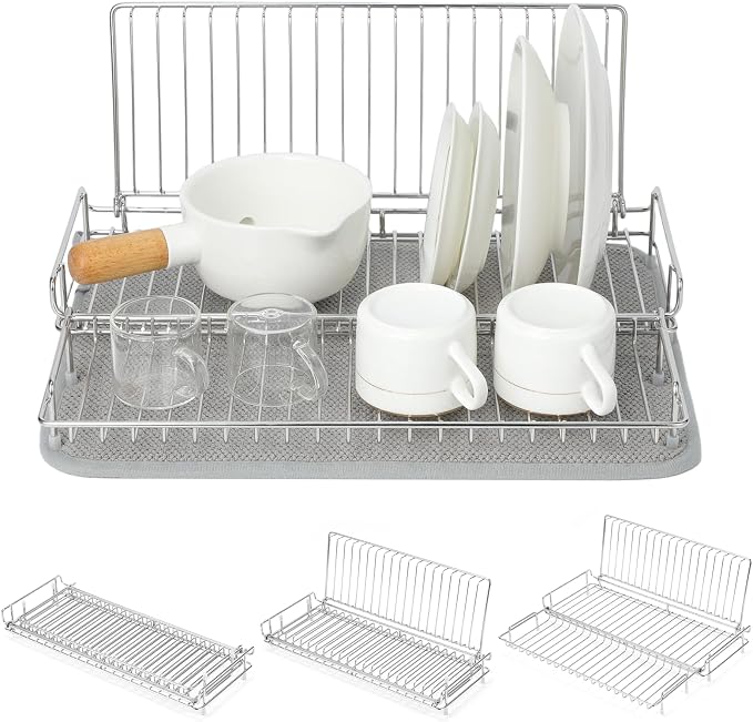 Collapsible Dish Drying Rack Stainless Steel for Kitchen Counter | Compact Dishes Drying Rack c/w Grey Drying Mat, Folding Dish Drainer for Narrow Small Space - Foldable, Silver by JMJEEMI