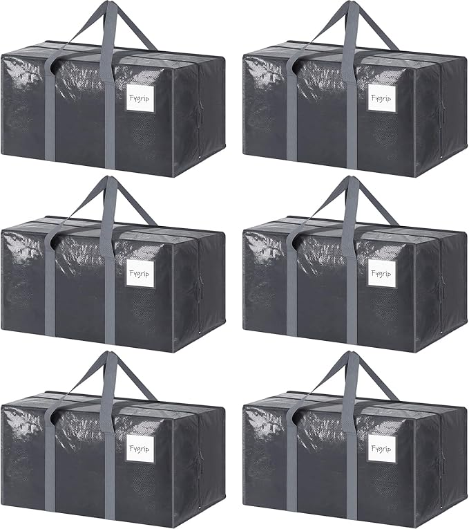6 Pack Extra Heavy Duty Large Moving Bags with Strong Zipper, Gray | Comfortable Handles, Sturdy & Durable Clothes Storage Bags Totes Bins, Blue Packing Moving Boxes for College Supplies by Fygrip