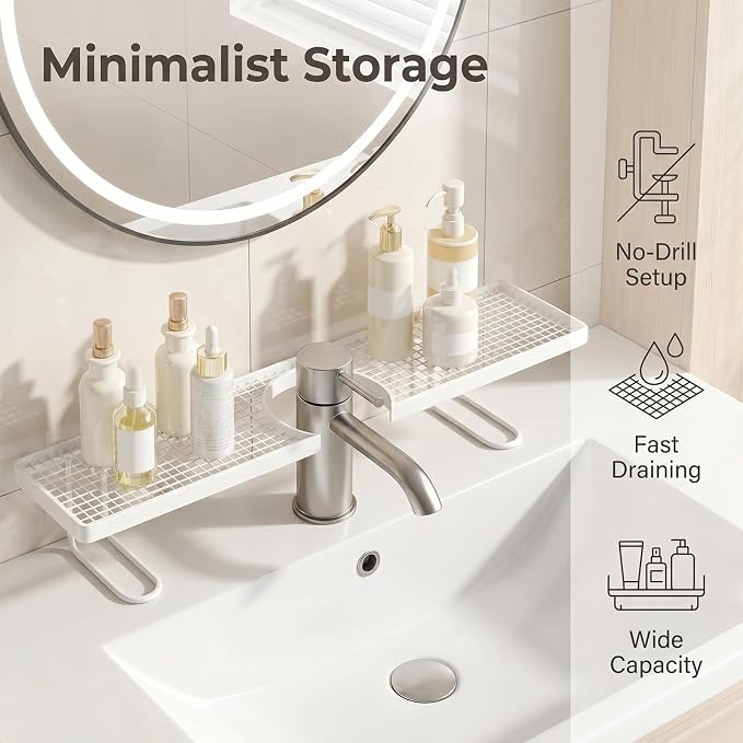 2 Pack Bathroom Sink Shelf Over Faucet,Behind the Faucet Sink Organizer, No Drill Free Standing Faucet Organizer Shelf with Drainage Design for Kitchen and Bathroom - Image 4