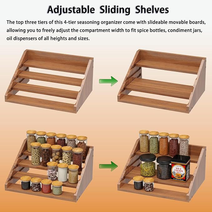 Solid Wood Spice Rack Organizer for Countertop & Cabinet, 4 Tier Adjustable Wooden Spice Shelf with Sliding Track, Premium Step Seasoning Bottle Holder for Kitchen, Pantry & Office, Walnut Brown - Image 5