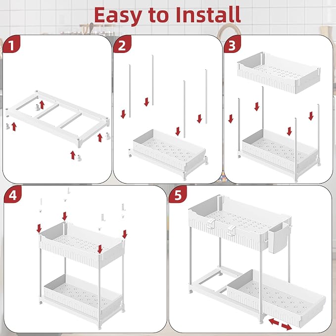 4-Pack 2-Tier Under Sink Organizer with Pull Out Drawers | Multi-use kitchen & bathroom storage. Includes hanging hooks and cups. White, space-saving cabinet design. 14.8 Inch - Image 9