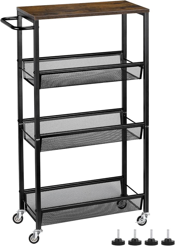MOOACE Slim Storage Cart, 4 Tier Rolling Kitchen Shelving Unit on Wheels Mobile Narrow Cart with Wooden Tabletop for Bathroom, Laundry Narrow Places, 16.6''x 7.3''x 31.1''inch - Image 2
