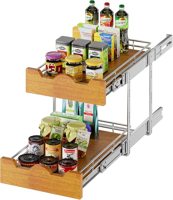DINDON 2 Tier Pull Out Cabinet Organizer (11" W x 21" D) Slide Out Wood Shelf Organizers Double Tier Kitchen Wire Basket with Chrome Finish… by DINDON