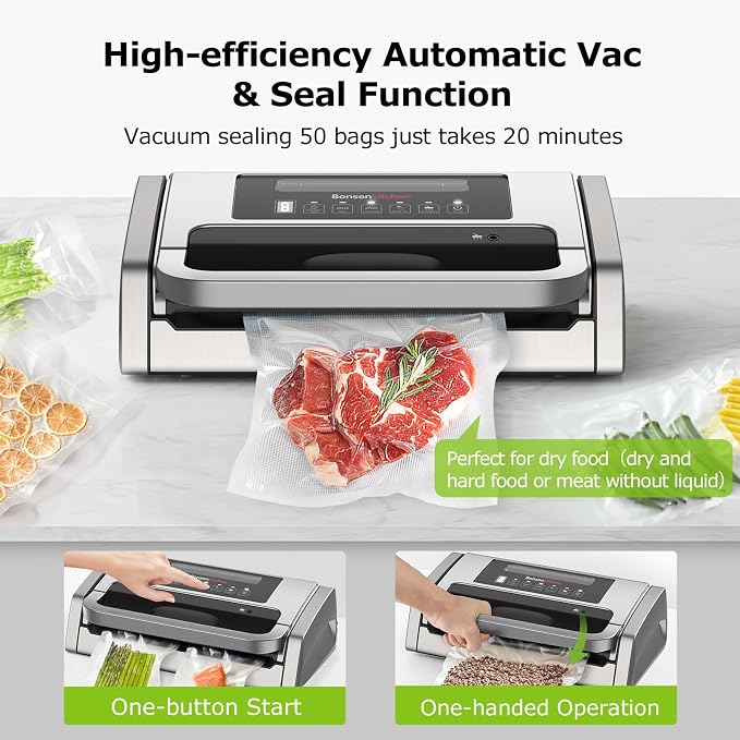 Bonsenkitchen Vacuum Sealer Machine with Globefish Technology, Low-Noise | Powerful Food Vacuum Sealer, High-Speed Continuous Working, Built-in Cutter & Bag Storage for Food Preservation, Silver - Image 2