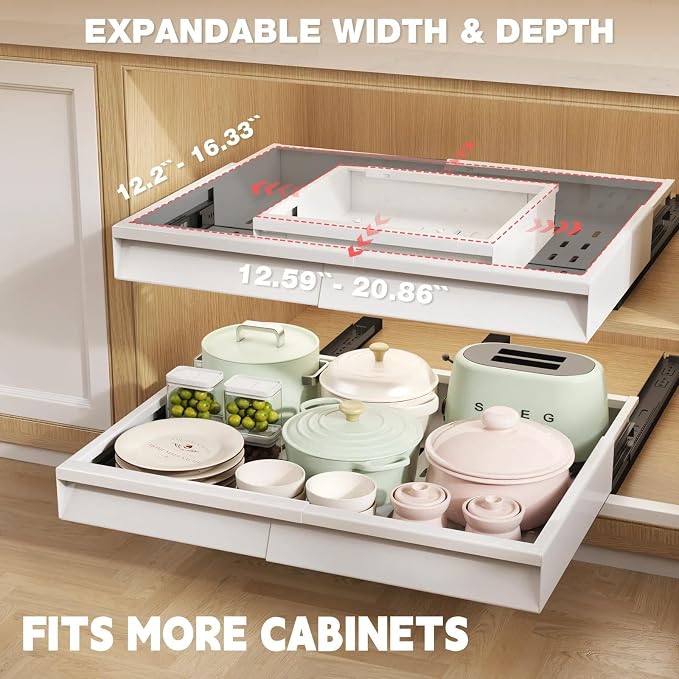Seinloes Pull Out Cabinet Organizer, 4-Side Expandable to Fit Most Cabinets, 3 Rail Slide Out Drawers with Raising Pad for Framed & Frameless Cabinets, 13"-21" W x 13"-17" D, White, 2 Pack - Image 2