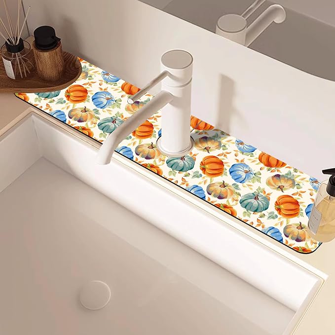 Thanksgiving Colorful Pumpkin Dish Drying Mat for Kitchen Sink Splash Guard Behind Faucet Sink Mat Absorbent Fast Drying Faucet Draining Mat for Bathroom Kitchen 5.5"×24" - Image 2