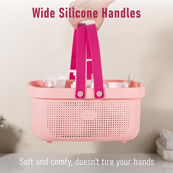 Portable Shower Caddy Basket with Handles Plastic Storage Basket Light Pink | Sturdy Drainage Large Capacity Organizer Basket with Silicone Handles for Bathroom Kitchen Bedroom College Dorm Essentials - Image 6