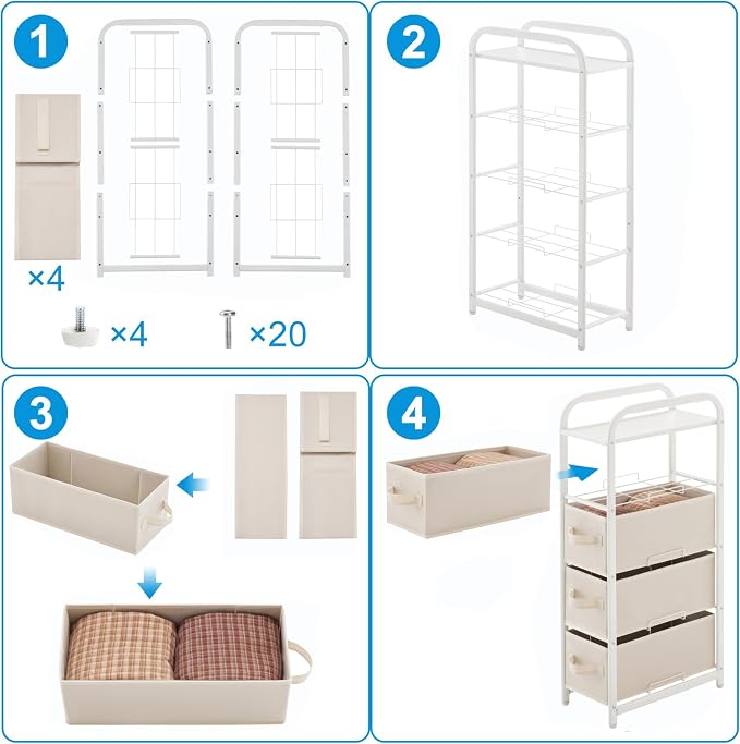 MAX Houser 4 Drawer Narrow Dresser Fabric Storage Tower Vertical Slim Storage Chest Organizer Nightstand Side/End Table Small Standing Organizer Removable Drawers Wood Top for Bedroom, Bathroom(Beige) - Image 8