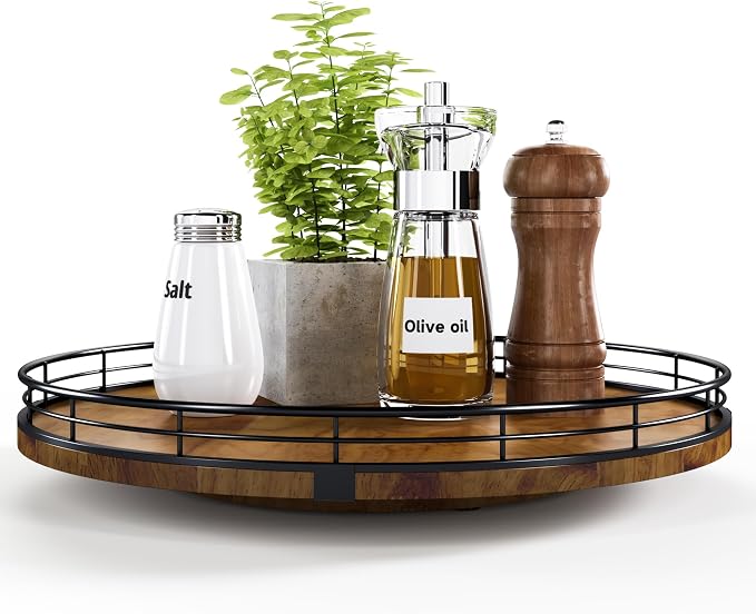 AMH 13-Inch Farmhouse Oak Lazy Susan Organizer, Walnut Finish | Smooth rotating oak tray with walnut finish for dining tables, kitchen counters, pantries and cabinet storage. by AMH