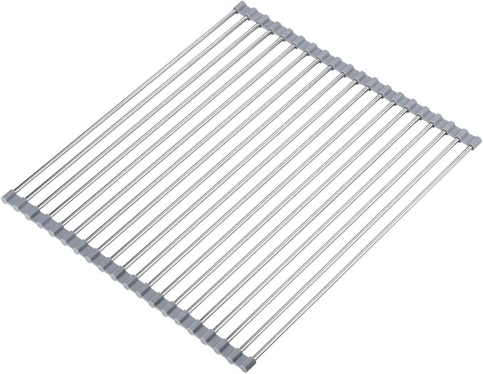Hhyn Roll Up Dish Drying Rack Over The Sink 17.7"(L) x 15.6"(W), Gray | Multipurpose Foldable Stainless Steel Kitchen Rollable Drainer Rack by Hhyn