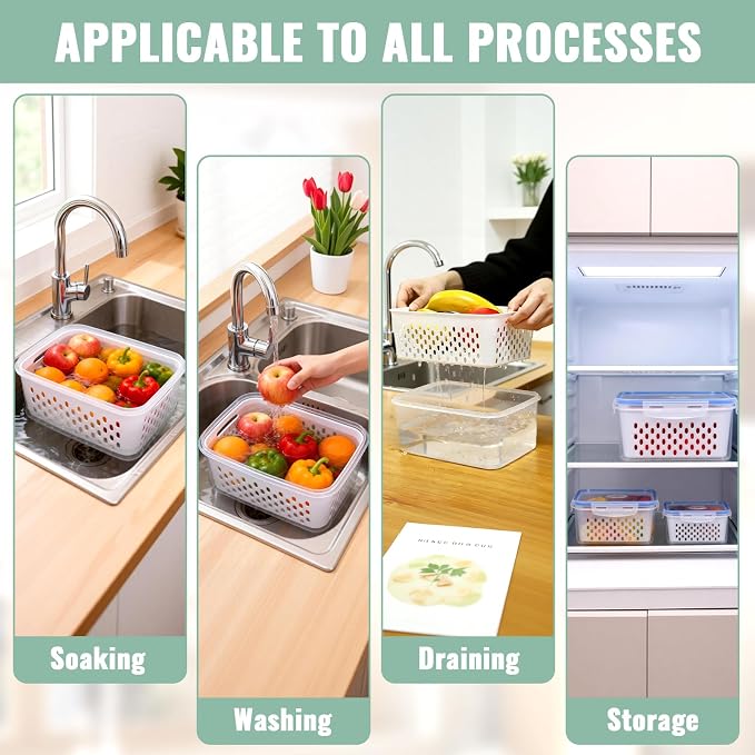 3 PCS Fruit Storage Containers for Fridge with Removable Colander | Berry Produce Storage Containers for Fridge with Strainer Lid Leakproof Containers Keep Fruits Vegetables Fresh - Image 5