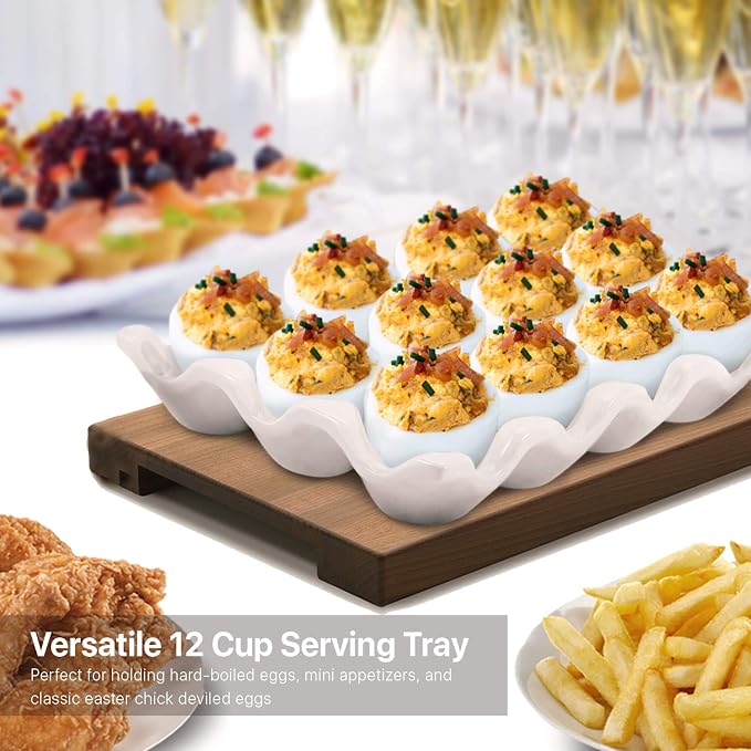 Flexzion Egg Ceramic & Porcelain Egg Holder, 12-Piece Non-Slip Tray Storage Box, White - Image 5