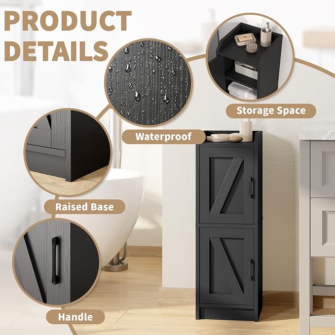 Narrow Bathroom Storage Cabinet with 2 Doors and Shelves, 9.8" W Small Storage Cabinet for Toilet Paper Storage, Slim Cabinet for Small Spaces, Bathroom, Kitchen, 9.8" W × 7.9" D × 29.5" H, Black - Image 3