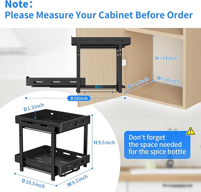 BOIVSHI Pull Out Spice Rack for Cabinet, 11.9''Wx10.8''Dx9.2''H | 2 Tier Kitchen Spice Shelf, Vertical Spice Organizer for Pantry, Height Adjustable, Individually Sliding Metal Shelves, Black - Image 6