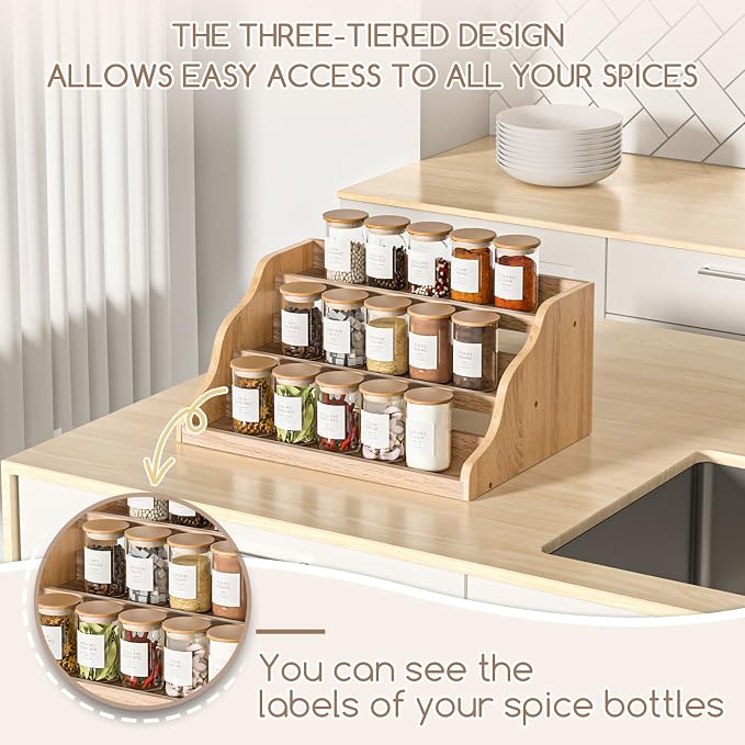Tiered Spice Rack Organizer for Cabinet, Wooden Spice Rack for Countertop, Spice Shelf organizer Spice Organization for Cabinet - Image 4