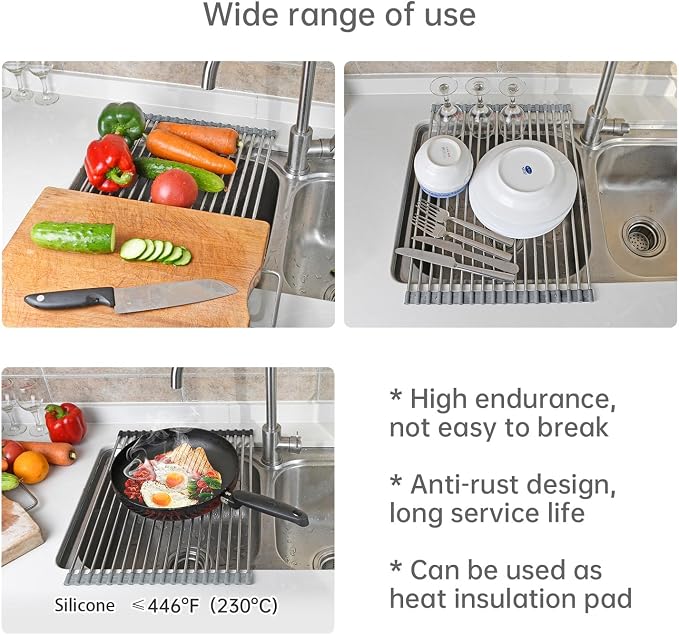 Large Expandable Roll Up Dish Drying Rack, Heat-Resistant Dish Drainer for Stainless Steel Sinks, Over The Sink Non-Slip Silicone Rollable Dish Drainer Roll Rack 18 Tube Gray 21.25''x12.79'' - Image 5