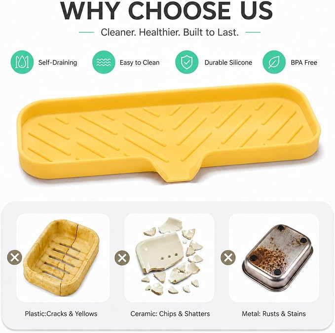 MicoYang Silicone Soap Dish with Drain Spout — Self-Draining Double Sink Organizer Tray for Kitchen & Bathroom, Dispensers, Sponges & Soap Holder, Non-Slip & Dishwasher Safe, Yellow (Large, 12"×4") - Image 3