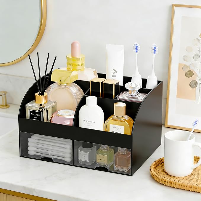 Makeup Organizer with 2 Drawers, Cosmetic Storage for Dresser Vanity and Bathroom Countertop,Make up organization and Skincare Storage with Beauty Brush Holder, Cosmetic Display Case (Black) - Image 4
