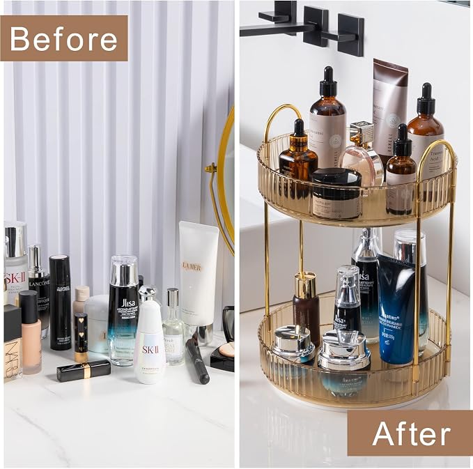 Rotating Makeup Organizer for Vanity, High-Capacity Skincare Clear Make Up Storage Perfume Organizers Cosmetic Dresser Organizer Countertop 360 Spinning (Gold, 2 Tier) - Image 4