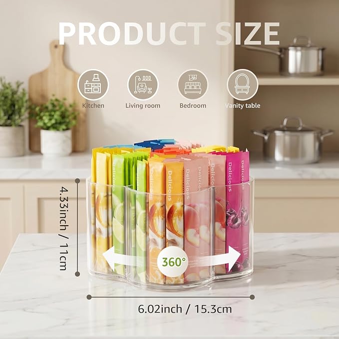 Drink Packet Organizer for Powdered Drink Mix, Divided Rotating Lazy Susan | Lazy Susan Turntable Organizer for Powder Packet, Clear Turntable Organizer Tray for Water Flavor Packets, Powder Mixes - Image 2