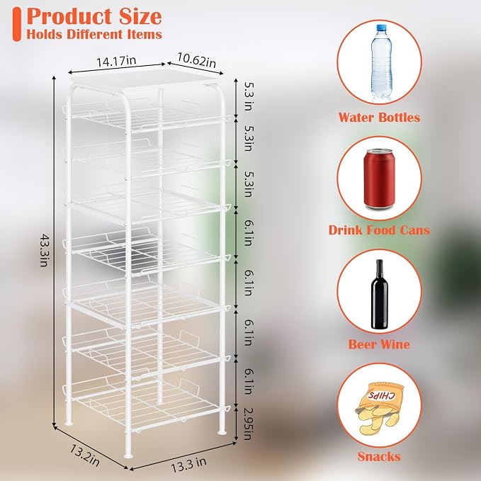smusei Water Bottle Organizer 7 Tier Free Standing Bottled Water Storage Rack Metal Wire Water Bottle Holder Rack Large Capacity Soda Beverage Drink Stand Shelf for Pantry Kitchen Office, White - Image 3