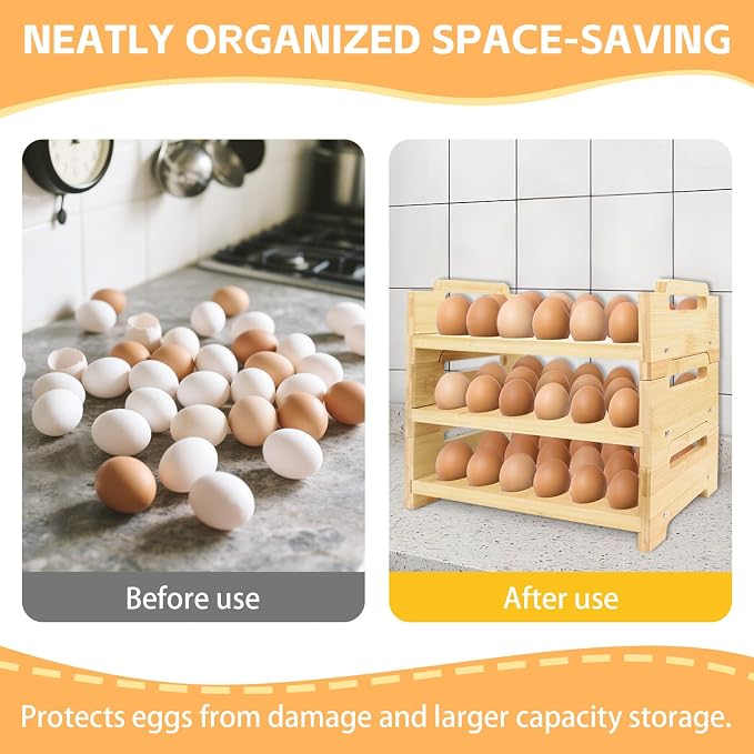 3-Tier Wooden Egg Holder Countertop, Farmhouse Stackable Wood Egg Organizer Stand, Divided Wood Counter Storage Rack for Duck Turkey Produce (Total 54 Slot) - Image 4