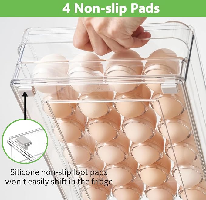 24 Capacity Egg Holder for Refrigerator Organizer Bins, BPA Free Egg Storage Container with Non-Slip Pads, Space-Saving Egg Tray for Fridge Drawer - Image 3