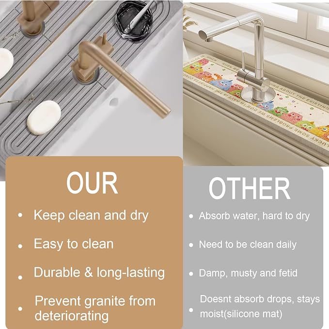Jiozermi 15.8" Diatomite Faucet Mat for Kitchen Sink, Light Grey | Diatomite Stone Sink Tray, Faucet Sink Splash Guard, Absorbent Mat, For Kitchen Bathroom Faucet Sink, 15.8" x 3.9" - Image 5