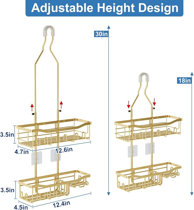 Shower Caddy, Extended Length Shower Organizer with Hooks, Rustproof Shampoo Soap Holder, Large Hanging Bathroom Caddy, Gold - Image 2