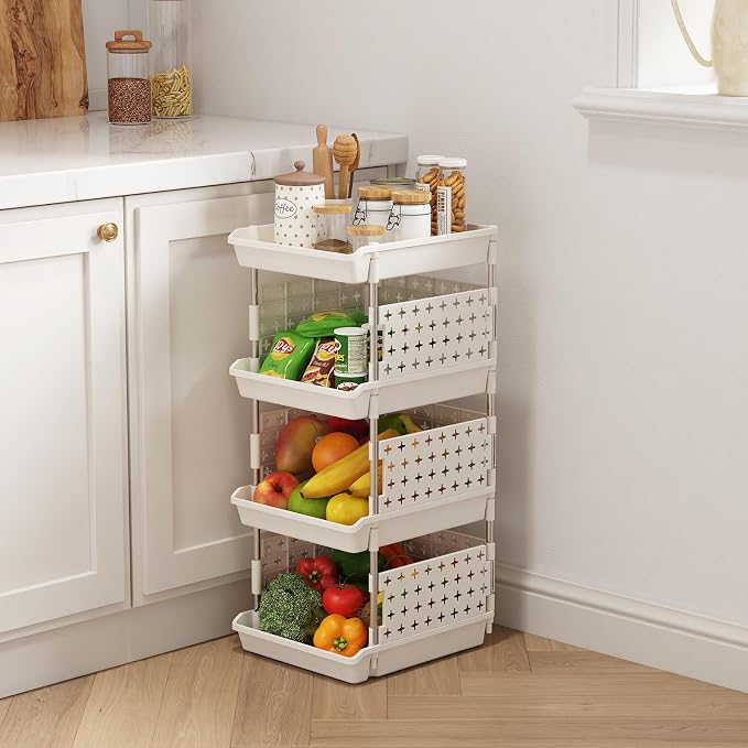 Lifewit 4 Tier Plastic Stackable Storage Baskets for Clothes 2 Pack, White | Stacking Bins for Food, Multifunctional Organizer for RV, Kitchen, Playroom, Pantry and Bathroom - Image 8
