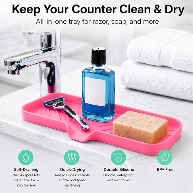 MicoYang Silicone Soap Dish with Drain Spout — Self-Draining Double Sink Organizer Tray for Kitchen & Bathroom, Dispensers, Sponges & Soap Holder, Non-Slip & Dishwasher Safe, Rose (Large, 12"×4") - Image 6