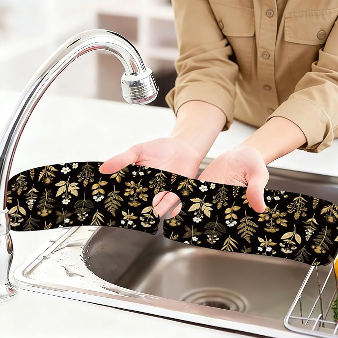 2 Pcs Kitchen Sink Splash Guard Faucet Mat Vintage Gold Leaves Faucet Mat for Sinks Flowers Pattern Absorbing Drying Mats for Kitchen Bathroom, 23.6x5.5inch - Image 6