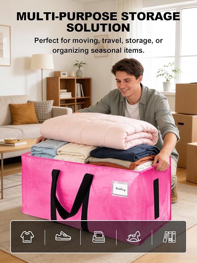 HOMESURE Supports 200lbs Heavy Duty Moving Bags - Strong Zipper & Wrap-Around Handles - Water-Resistant Storage Totes, Durable Alternative to Moving Boxes - 4 Pack - Pink - Image 4