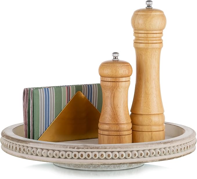 Hanobe Lazy Susan Centerpiece Tray, Round Wooden Turntable Organizer, White | Home Decor with Beaded, for Dining Table Top Kitchen Counter Coffee Table by Hanobe