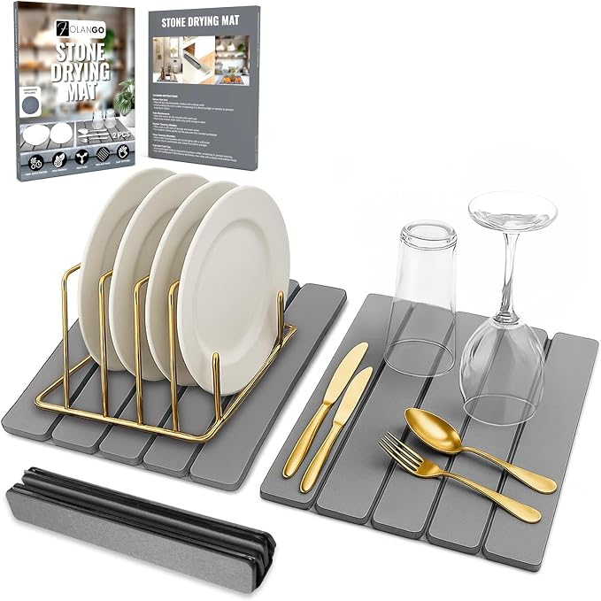 Large Foldable Stone Dish Drying Mat – Diatomaceous Earth, 2 Pack (12"x16" Each) or 24"x16" Combined – Fast Dry, Anti-Slip Pad, Sanding Tool & Instruction Manual for Kitchen and Bathroom, Dark Gray by FOLANGO