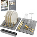 Large Foldable Stone Dish Drying Mat – Diatomaceous Earth, 2 Pack (12"x16" Each) or 24"x16" Combined – Fast Dry, Anti-Slip Pad, Sanding Tool & Instruction Manual for Kitchen and Bathroom, Dark Gray by FOLANGO