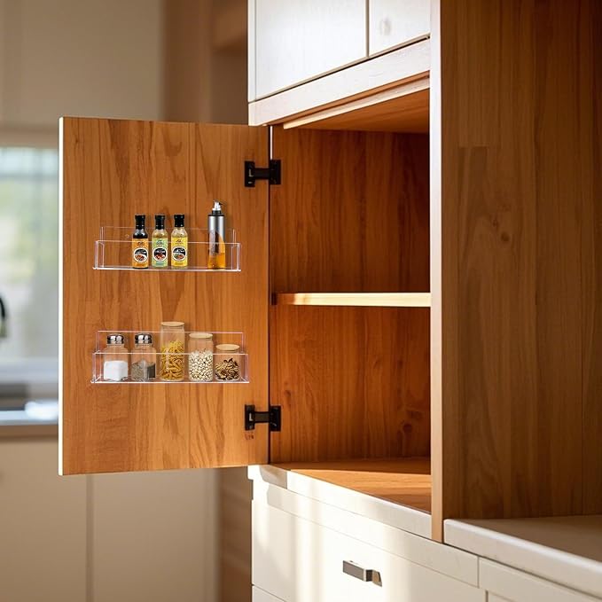 Acrylic Spice Rack Wall Mount - 9 Inch, Clear Spice Shelf Storage Holder, 2 Pack Hanging Seasoning Organizer for Cabinet Door, Cupboard or Wall Kitchen (Adhesive or Screw) - Image 2