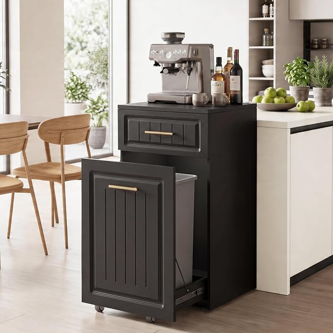 ZIFTY Pull Out Trash Can Cabinet for 13 Gallon Bin, Laundry Hamper, Black | Pet Proof, Freestanding Kitchen Cabinet, Hideaway Drawer, Wooden Garbage Recycling, Modern Farmhouse Waste Bin Furniture - Image 8