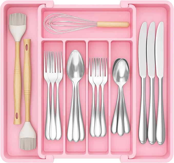 Lifewit Silverware Drawer Organizer, Expandable Utensil Tray for Kitchen, BPA Free Flatware and Cutlery Holder, Adjustable Plastic Storage for Spoons Forks Knives, 8.5"-14.1" x 12.1", Pink by Lifewit