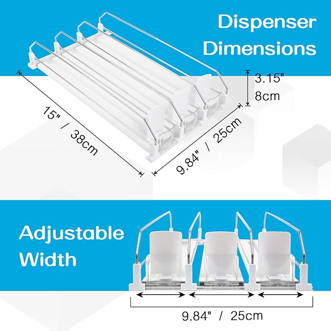 Soda Can Dispenser for Refrigerator, 3 Row Self-Pushing Rack, Fits up to 15 Cans, Width Adjustable Beverage Storage Rack, 15inch White - Image 2