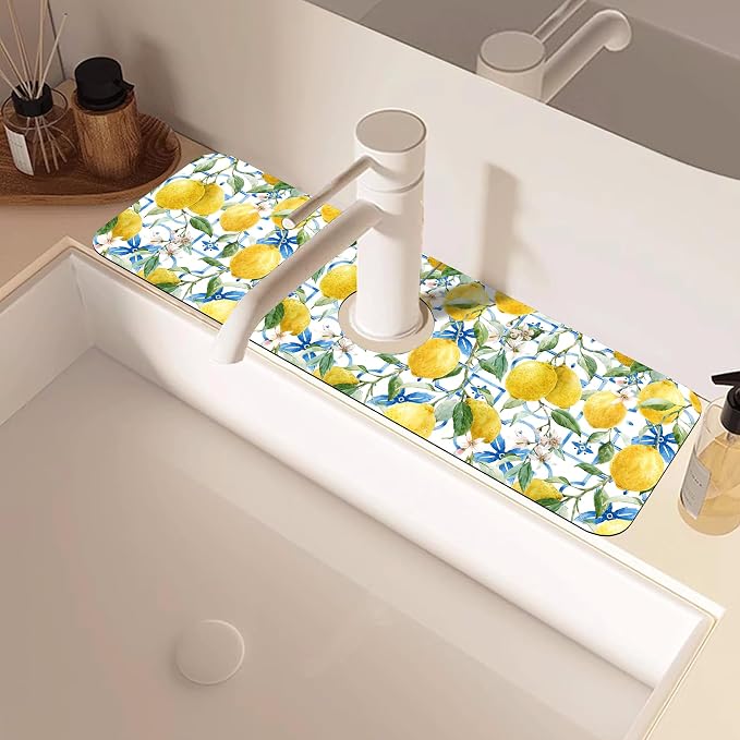 Yellow Lemons and Blue Tiles Sink Faucet Absorbing Mat Splash Guard Behind Faucet Sink Mat Absorbent Fast Drying Faucet Draining Mat for Bathroom Kitchen 5.5"×15" - Image 2