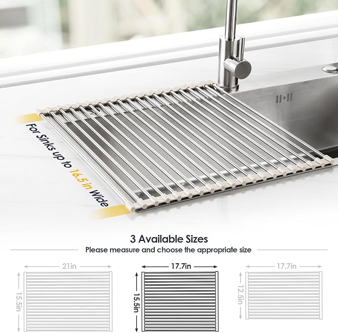 Tomorotec Roll Up Dish Drying Rack Over Sink, 304 Steel, 17.7x15.5, White | Anti-Slip Silicone Rims For Grip, Heat-Resistant Trivet Mat Holding Heavy Cookware, Rustproof Kitchen Counter Space Saver - Image 4